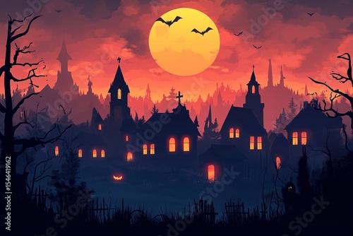 Spooky Halloween Village Landscape Under a Full Moon with Bats and Haunted Houses