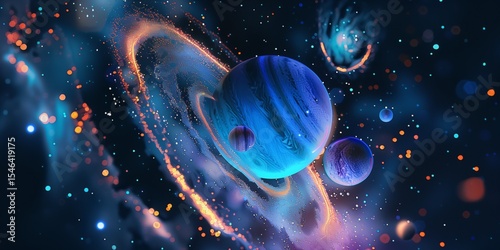 Vibrant Cosmic Landscape with Blue Planets, Fiery Rings, and Shimmering Stardust