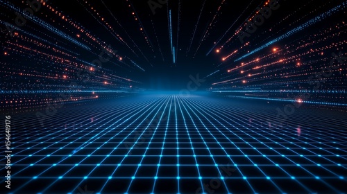 Futuristic Blue Neon Grid Background with Perspective Light Streaks for Digital Design