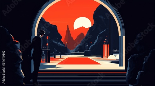 Minimalist Flat Design Outrun Landscape: Man Gazing at a Retro-Futuristic Sunset