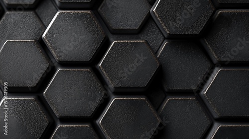 Top View Close-Up of 3D Black Hexagonal Pattern with Textured Surface
