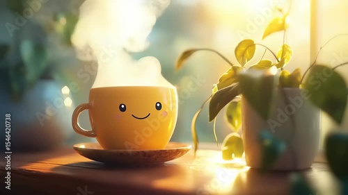 Cheerful steaming yellow cup with a smiley face on a wooden table beside a potted plant in sunlight
