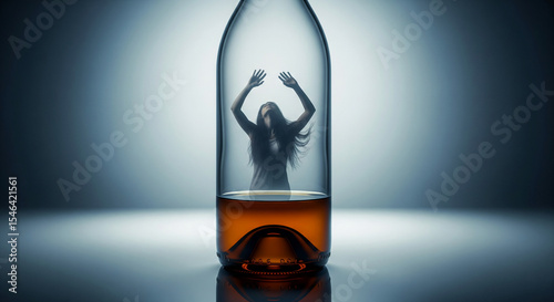 Woman's silhouette inside glass bottle filled with amber liquid, arms raised, symbolizing alcohol addiction or entrapment