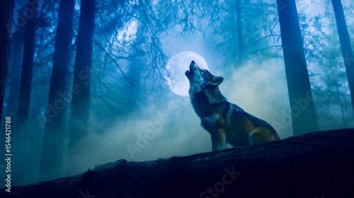 Wolf howling at full moon in mysterious misty forest at night. Supernatural animal in a spooky nature scene for Halloween. All Hallows Eve, Samhain