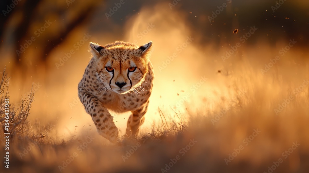 Obraz premium A majestic cheetah runs through a golden landscape, showcasing its natural grace and speed, highlighting the raw beauty of wildlife and the essence of the wild.