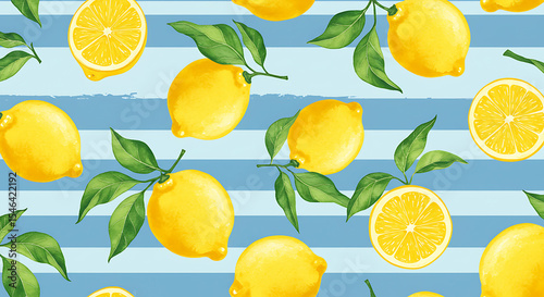 Bright citrus delight: Lemons and leaves on a cheerful striped backdrop design