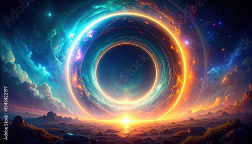 Cosmic Ring Portal Over Sunrise Landscape