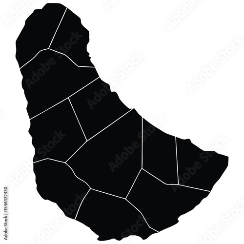 Black silhouette map of Barbados divided into parishes over white provides a clear outline