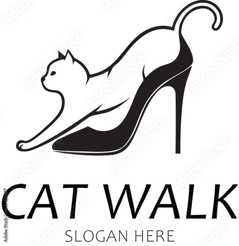 Catwalk logo, Cat Stretching on High Heel Shoe - Fashion & Pet Logo Design