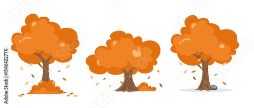 Autumnal trees set with bush and falling leaves.Autumn theme cartoon tree. Forest theme decoration
