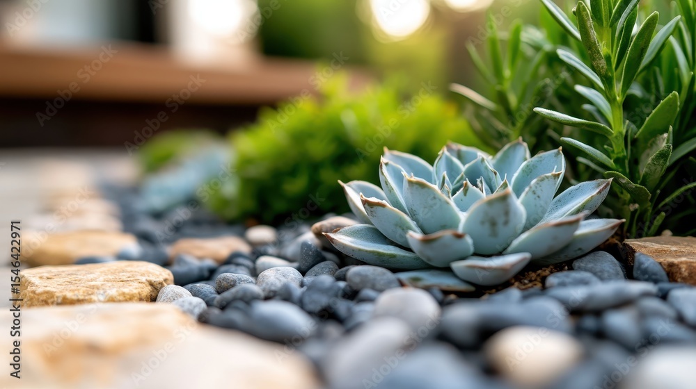 Fototapeta premium A captivating close-up view of a beautiful succulent plant nestled among smooth river stones, symbolizing resilience and the beauty of nature in a tranquil garden setting.