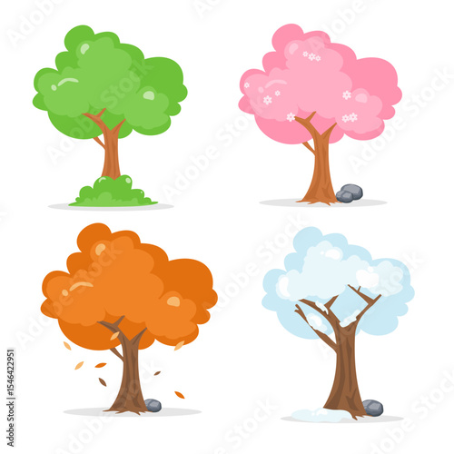 Four seasons tree cartoon set. summer, spring, autumn, winter. Tree illustration set. Can be used for wallpaper, sticker, print, decoration