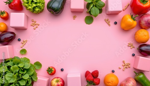 a vibrant and healthy fruit and vegetable display is arranged around a central pink heart shaped sig