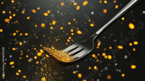 Close-up of a fork holding shimmering golden particles against a dark background, creating a magical effect