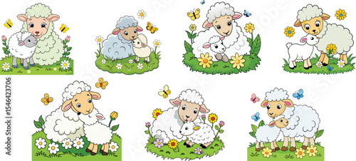 Sheep with baby sheep in garden cartoon set vector illustration