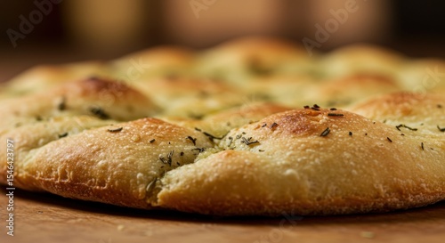 Close Up Of Baked Herb Bread On Wooden Board
