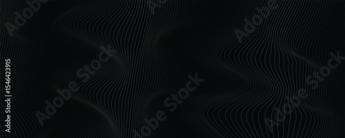 Black abstract background design. Modern wavy line pattern in monochrome colors. Premium stripe texture for banner, business backdrop. Dark horizontal vector template