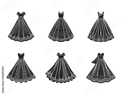 set of lehenga sketch icon silhouette vector illustration