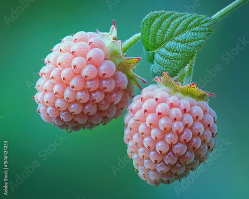 Close Up Of Fresh Pink Raspberries On Branch