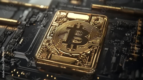 Close-up of a gold Bitcoin symbol on a circuit board, representing cryptocurrency technology