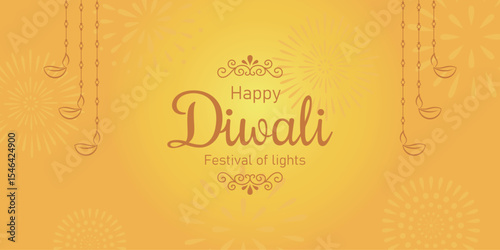 Happy Diwali festival greeting banner with hanging lamps vector illustration