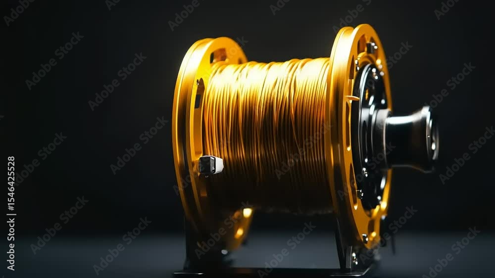 Close-up of a vibrant yellow fishing reel with a spool of line, set against a dark background