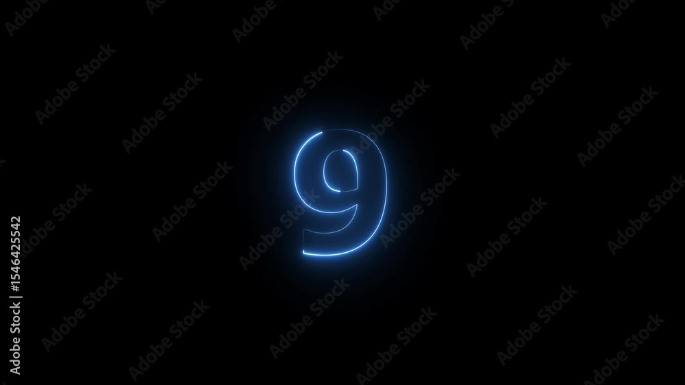Glowing neon numeric text 9 number countdown icon background 4k animation. blue neon number. Neon number 9