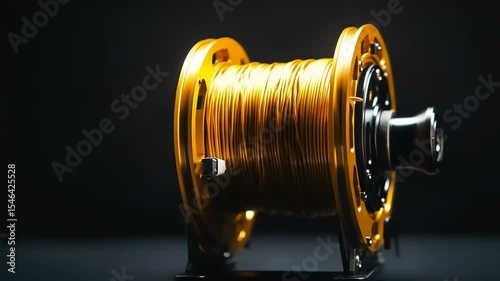 Close-up of a vibrant yellow fishing reel with a spool of line, set against a dark background