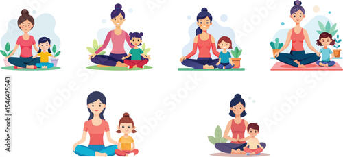 mother and kid in yoga pose set vector illustration