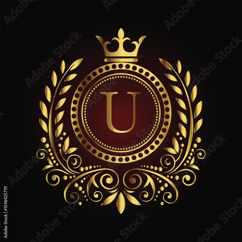 Vintage gold laurel wreath emblem with a royal ribbon and shield design, perfect for an award badge or regal decoration LOGO U