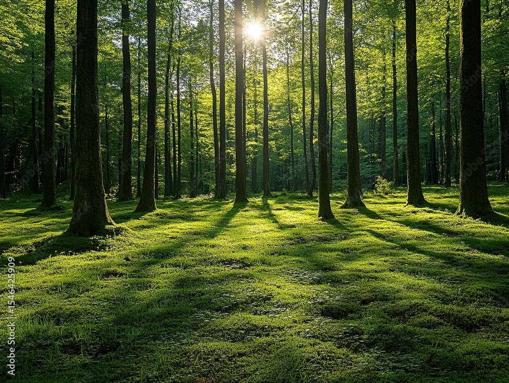 Obraz premium Green Forest Sun Rays Through Trees, Peaceful Nature Background