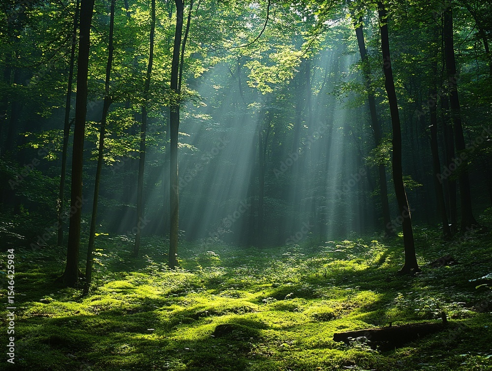Obraz premium Lush Green Forest with Sunlight Filtering Through Trees, Enchanting Nature Scene