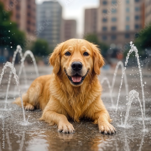 A golden retriever lies contentedly in a plaza on a water splash pad gently spraying around it, set against an urban backdrop with tall buildings