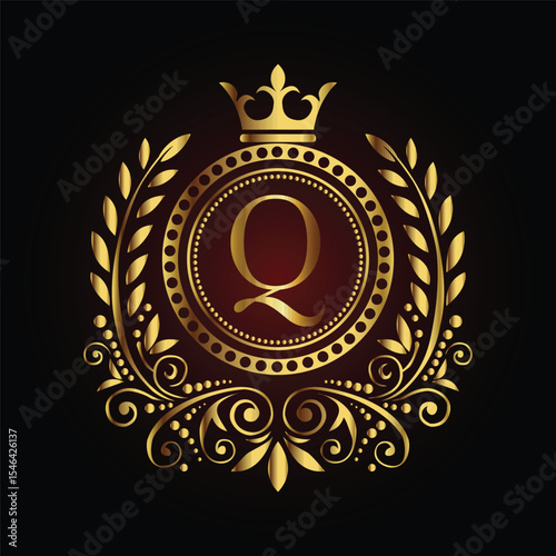 Vintage gold laurel wreath emblem with a royal ribbon and shield design, perfect for an award badge or regal decoration LOGO Q