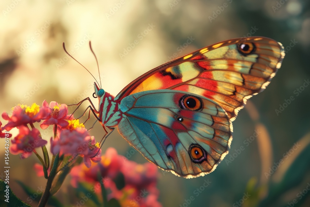 Naklejka premium A colorful butterfly with intricate patterns rests with its wings fully open, showcasing bright hues against a backdrop of blooming flowers in soft natural light