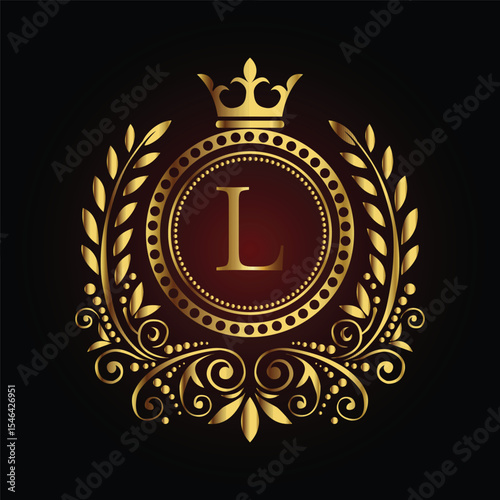 Vintage gold laurel wreath emblem with a royal ribbon and shield design, perfect for an award badge or regal decoration LOGO L