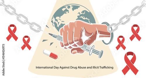 International Day Against Drug Abuse and Illicit Trafficking, a raised fist breaking a syringe and chains, symbolizing the fight against drug addiction and trafficking