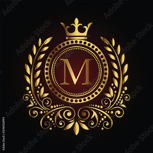 Vintage gold laurel wreath emblem with a royal ribbon and shield design, perfect for an award badge or regal decoration LOGO M