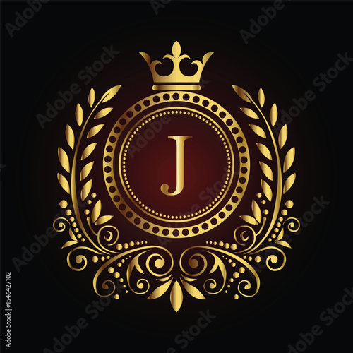 Vintage gold laurel wreath emblem with a royal ribbon and shield design, perfect for an award badge or regal decoration LOGO J