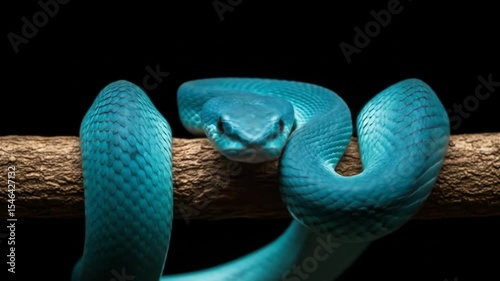 Blue Viper Snake Coiled on Branch with Tongue Out Close Up