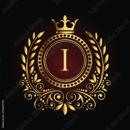 Vintage gold laurel wreath emblem with a royal ribbon and shield design, perfect for an award badge or regal decoration LOGO I