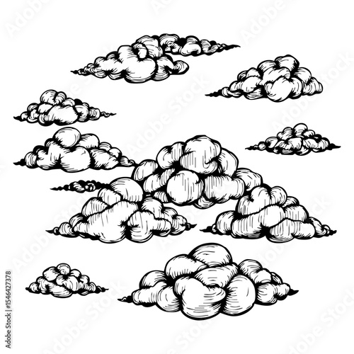 A detailed hand drawn collection of various cloud formations in black and white, depicting a range of sky elements