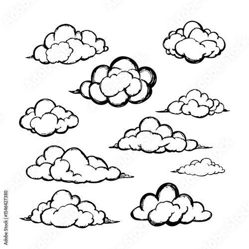 A playful collection of stylized hand drawn clouds in black and white, featuring whimsical shapes and outlines