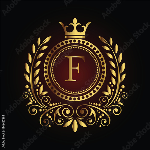 Vintage gold laurel wreath emblem with a royal ribbon and shield design, perfect for an award badge or regal decoration LOGO F