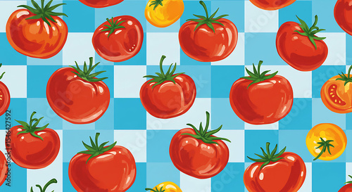 Vibrant tomato pattern on a checkered background offering a fresh and playful design