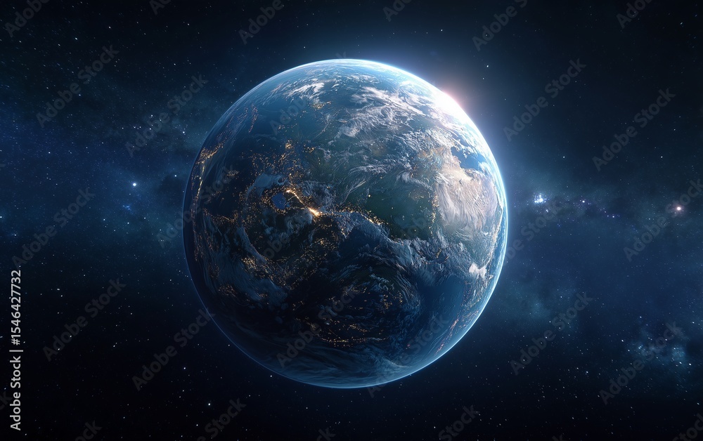 Obraz premium A beautiful view of planet Earth from orbit, showing the glowing city lights on the night side as the sun rises over the horizon. Global and technology concept