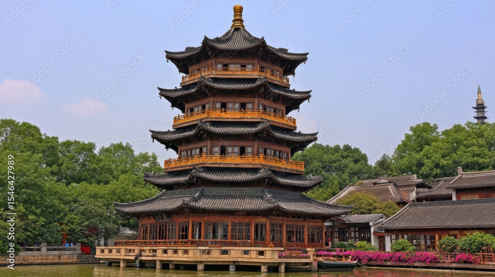 Fototapeta premium A traditional pagoda surrounded by lush greenery and vibrant flowers, reflecting peaceful architecture, Ideal for tourism promotion, cultural events