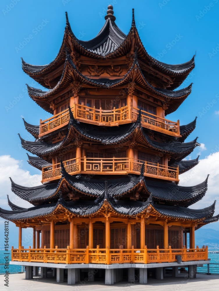 Naklejka premium A stunning traditional pagoda with intricate architecture set against a blue sky, This image captures the beauty of cultural heritage and can be used for travel, architecture, or historical content,