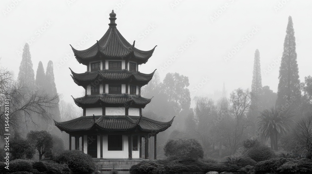 Obraz premium A serene black-and-white image of a traditional pagoda surrounded by lush greenery and mist, ideal for use in projects related to architecture, culture, meditation, and nature,