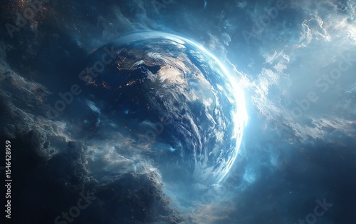 An epic and cinematic view of planet Earth from orbit, surrounded by a dramatic swirl of cosmic clouds and nebula with a powerful atmospheric glow